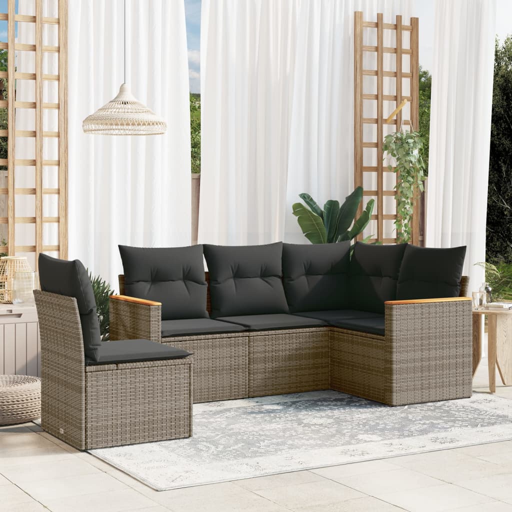 5 Pcs conjunto sofás de jardim c/ almofadões vime PE cinzento