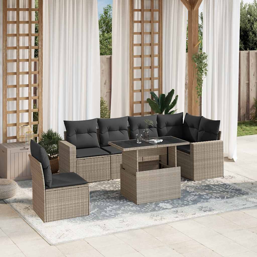 7 Pcs conj. sofás jardim com almofadões vime PE cinzento-claro