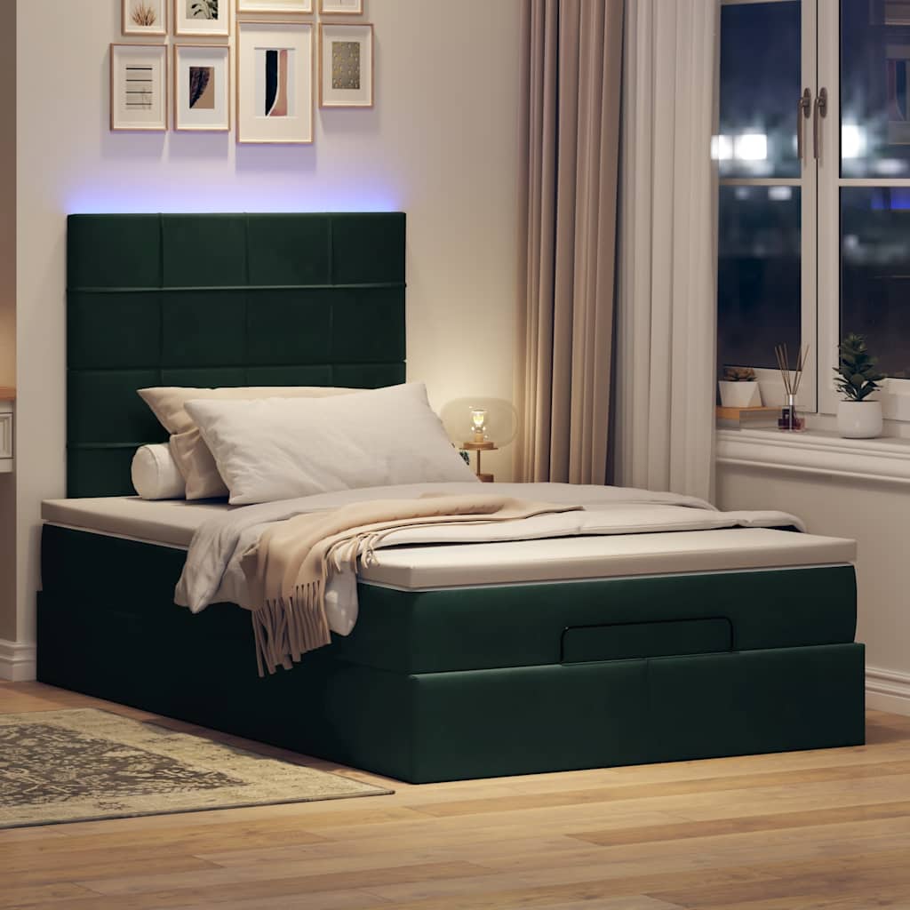 Estrutura de cama otomana com colchões verde escuro veludo