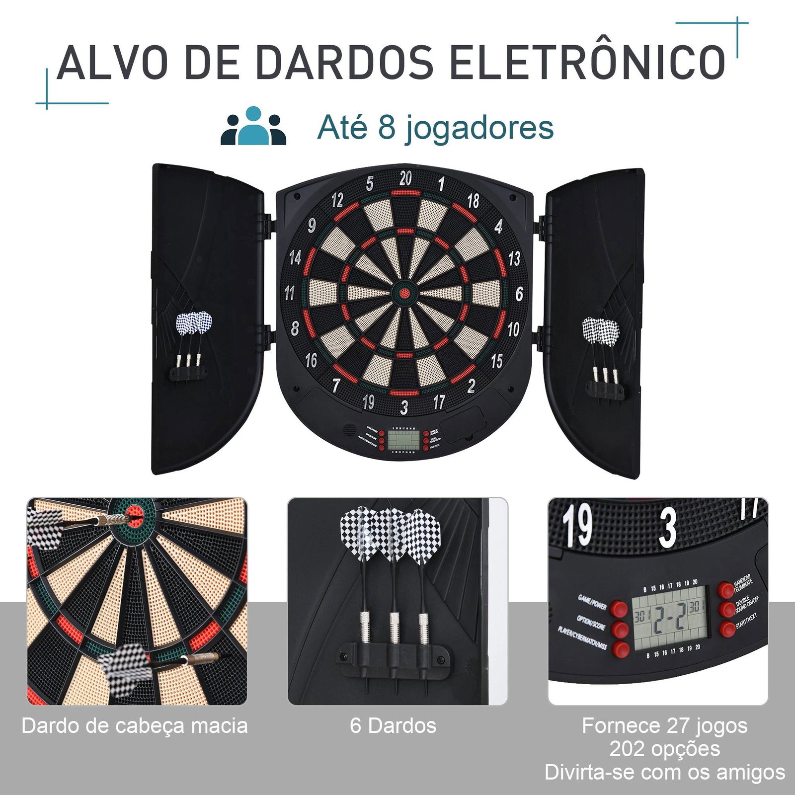 Alvo Eletrônico Digital com 6 Dardos até 8 Jogadores Marcador Portas Laterais Tela LCD 46.5x4.4x50.5 cm Preto
