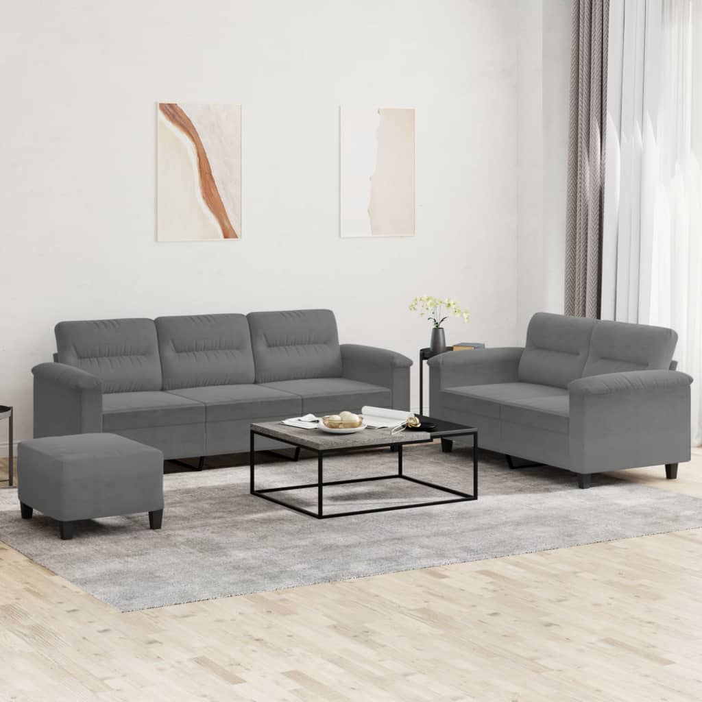 3 Pcs conj. sofás c/ almofadões tecido microfibra cinza-escuro