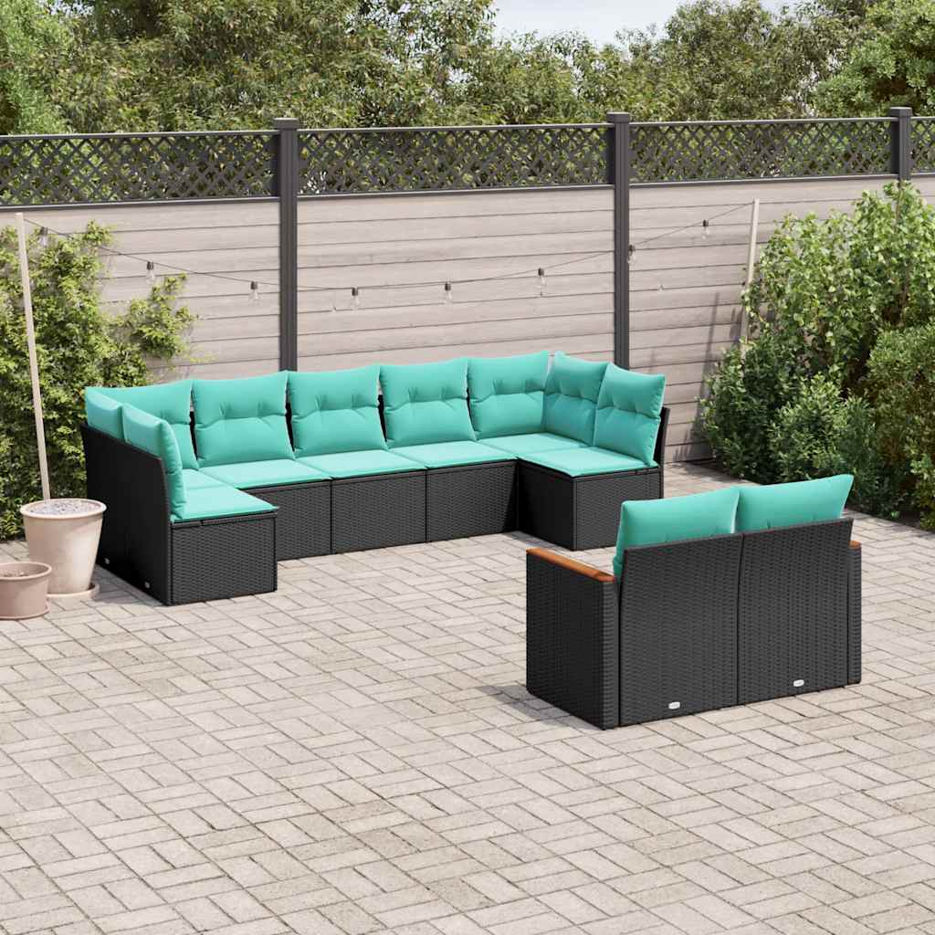 Conjunto de sofá de jardim de 9 peças com almofadas em rattan sintético preto