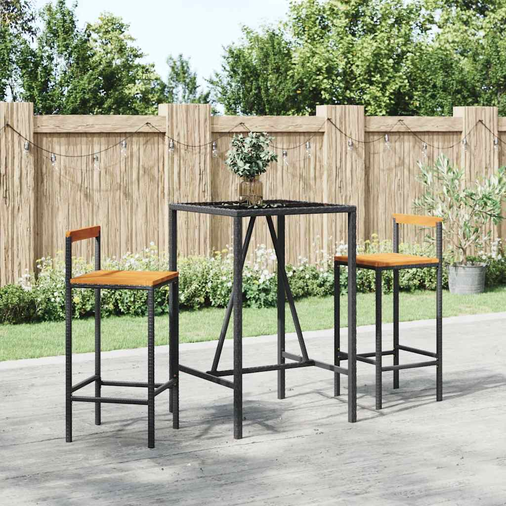3 Pcs conjunto de bar p/ jardim vime PE/acácia maciça preto