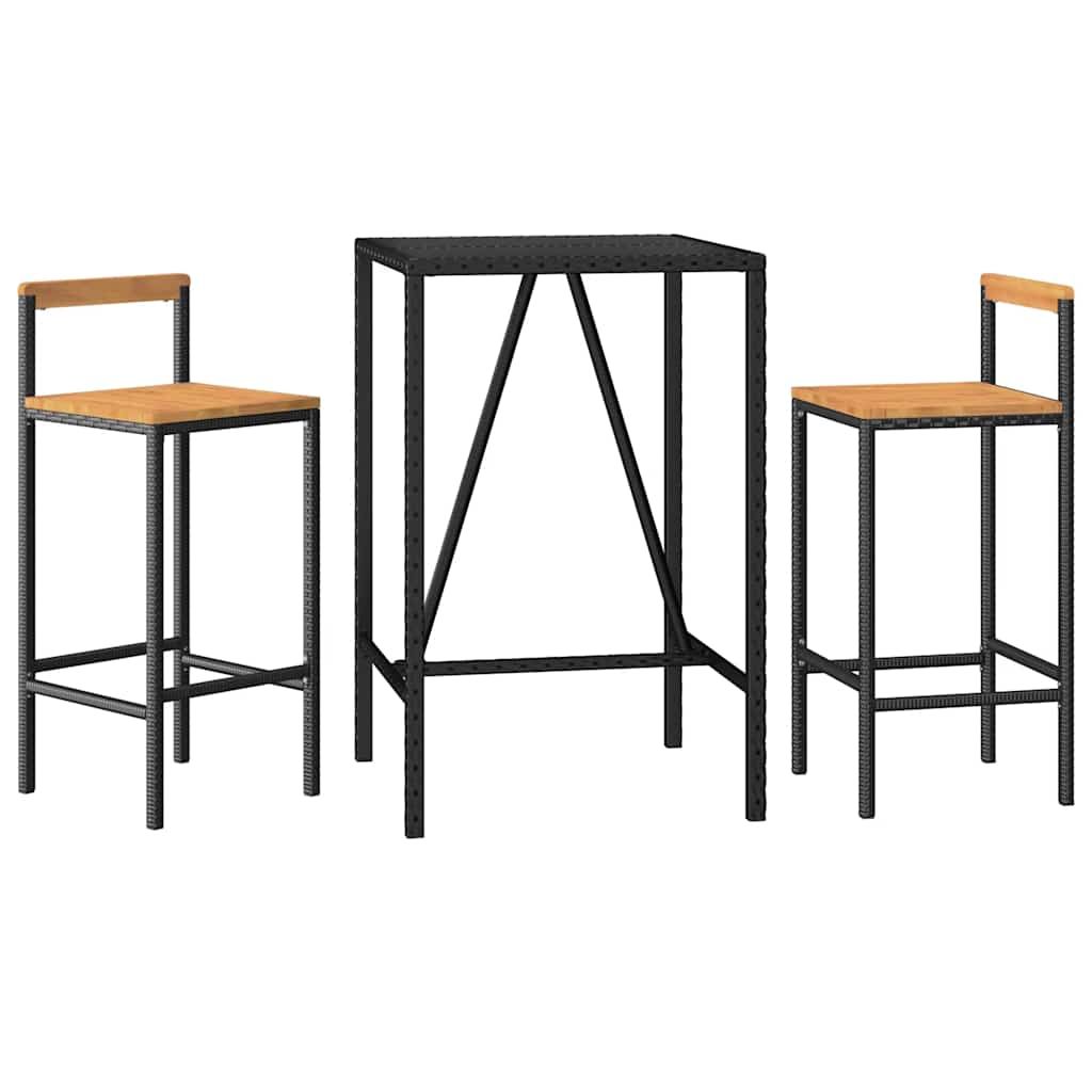 3 Pcs conjunto de bar p/ jardim vime PE/acácia maciça preto