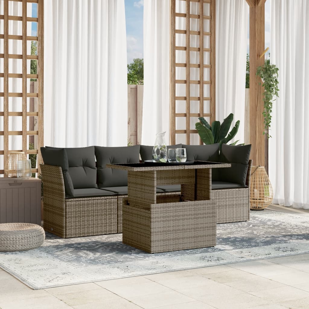 5 Pcs conjunto sofás de jardim c/ almofadões vime PE cinzento