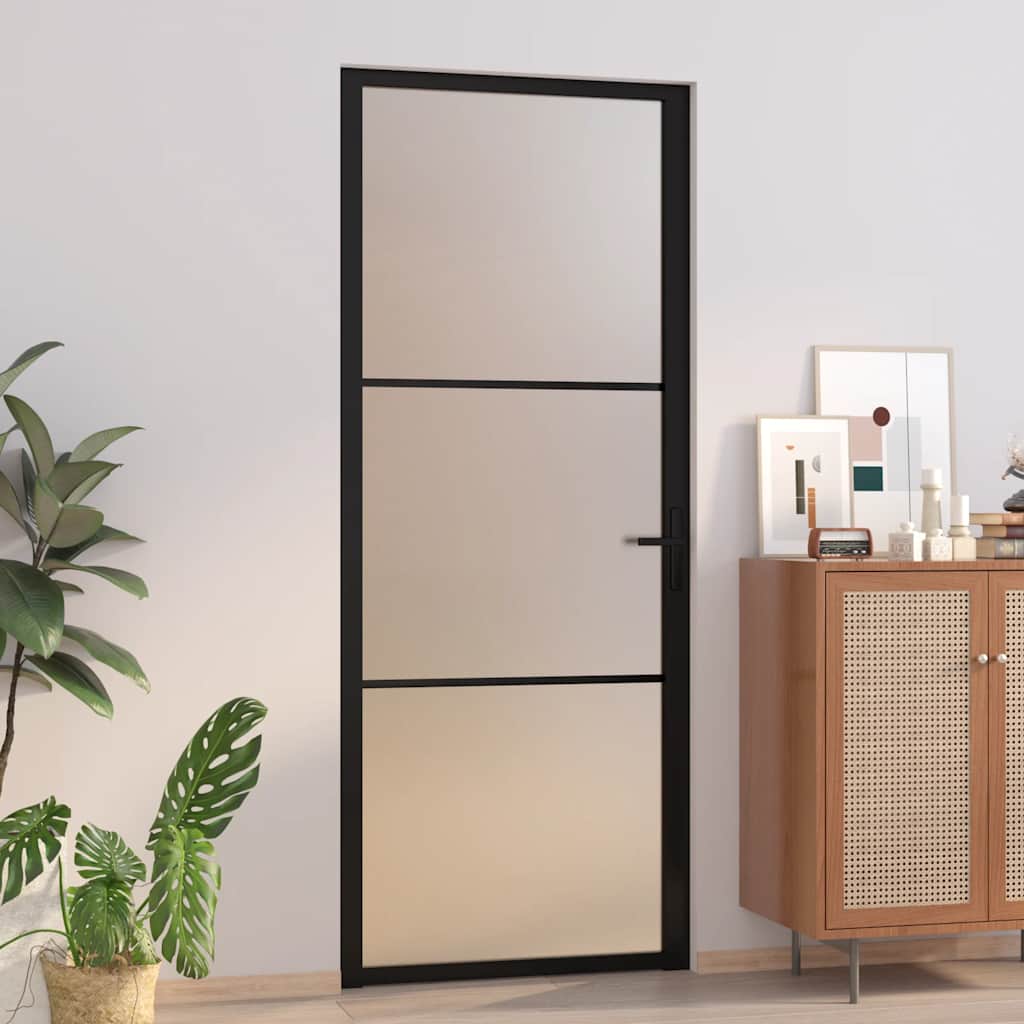 Porta interior 83x201,5 cm vidro fosco e alumínio preto
