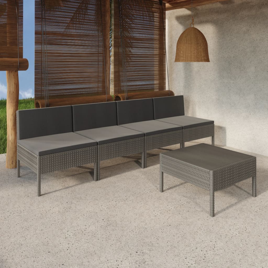 5 Pcs conjunto lounge de jardim c/ almofadões vime PE cinzento