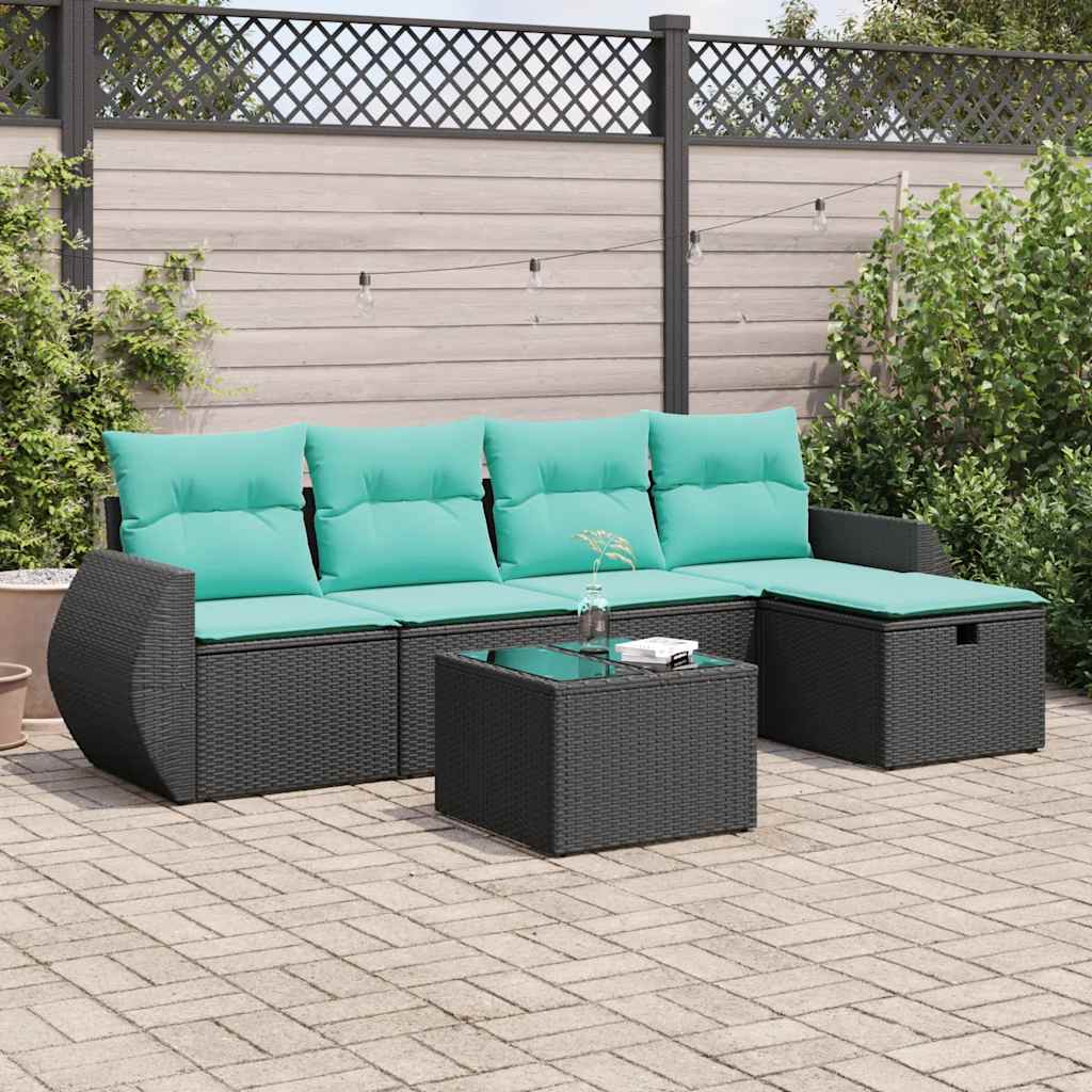 6 Pcs conjunto sofás de jardim c/ almofadões vime PE preto