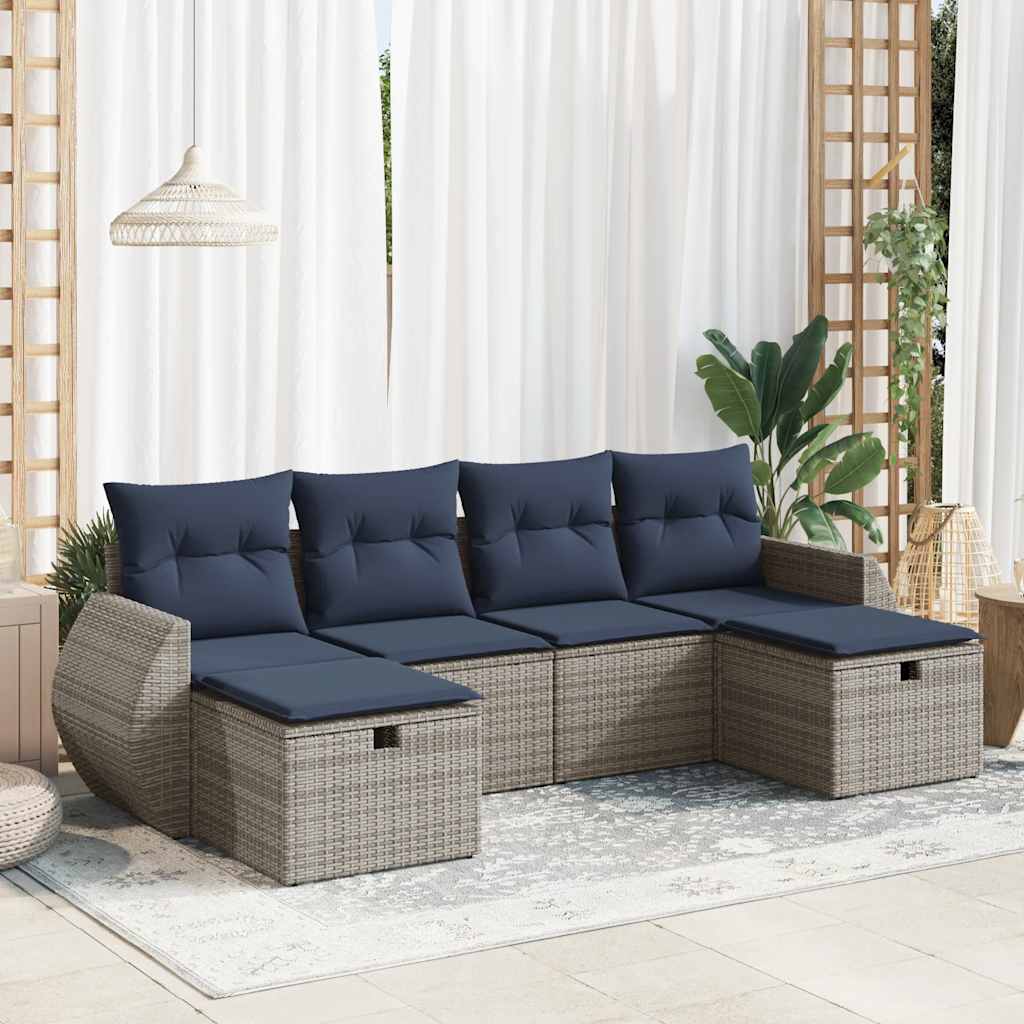6 Pcs conjunto sofás de jardim com almofadões vime cinzento