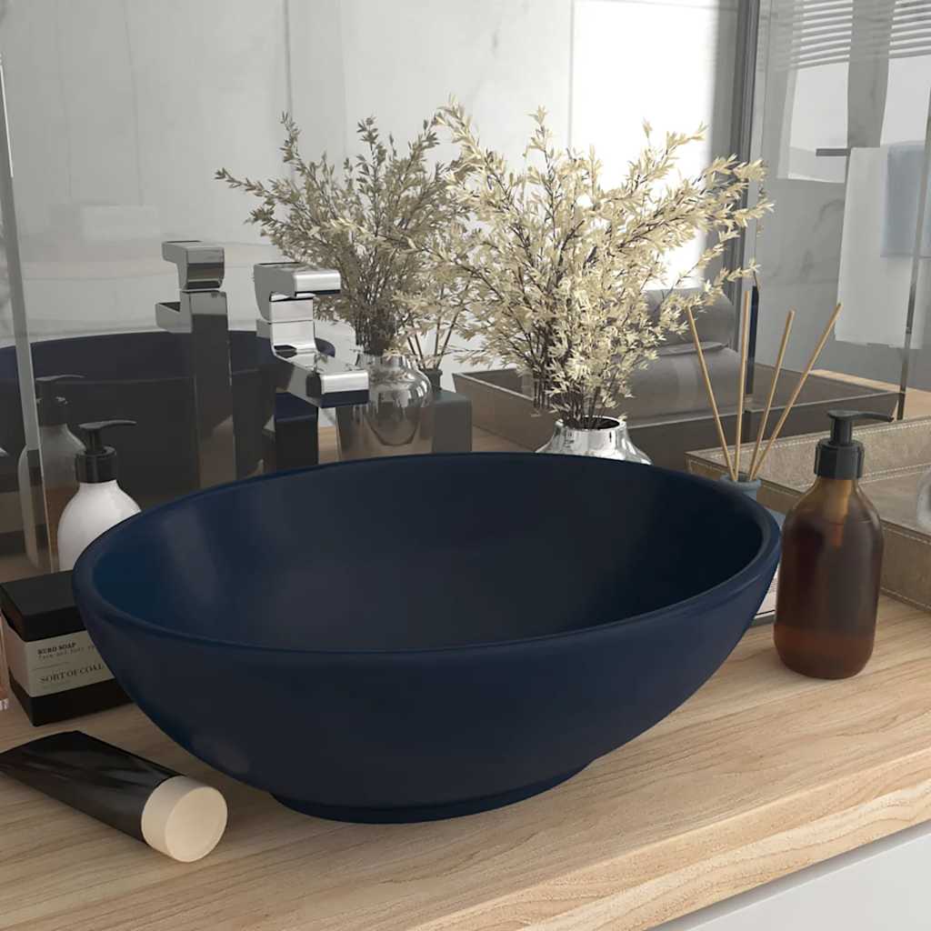 Lavatório luxuoso oval 40x33cm cerâmica azul-escuro mate