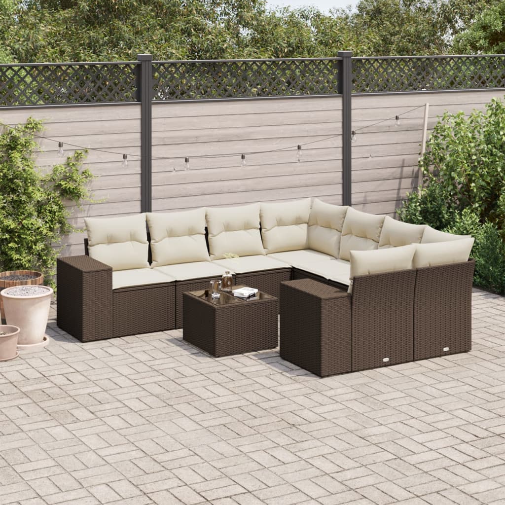 9 Pcs conjunto sofás p/ jardim c/ almofadões vime PE castanho