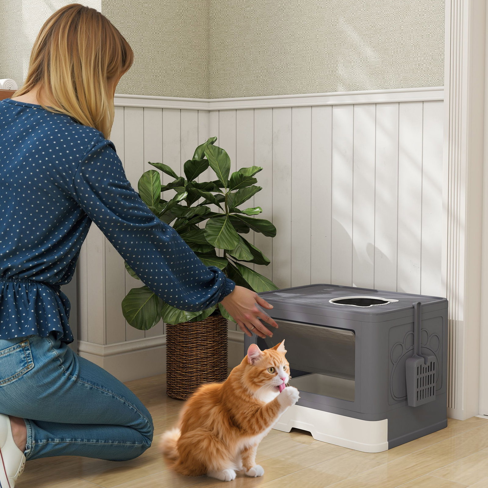 Caixa de areia para gatos amovível com pá escova 2 portas entrada principal e saída superior 48,5x38x36,5 cm cinza