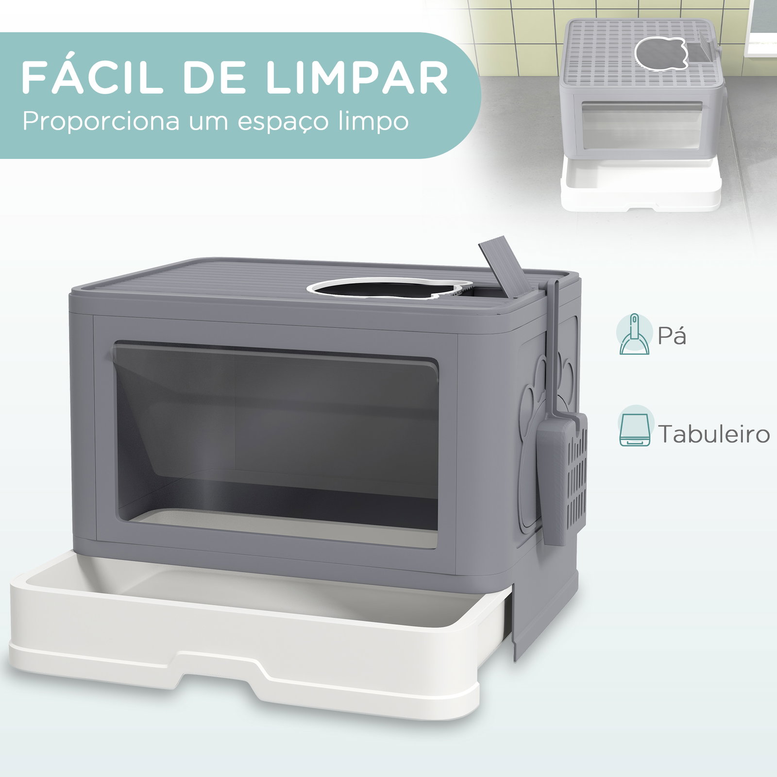 Caixa de areia para gatos amovível com pá escova 2 portas entrada principal e saída superior 48,5x38x36,5 cm cinza