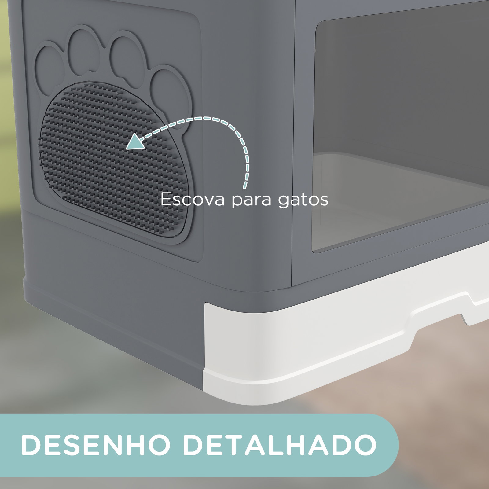 Caixa de areia para gatos amovível com pá escova 2 portas entrada principal e saída superior 48,5x38x36,5 cm cinza