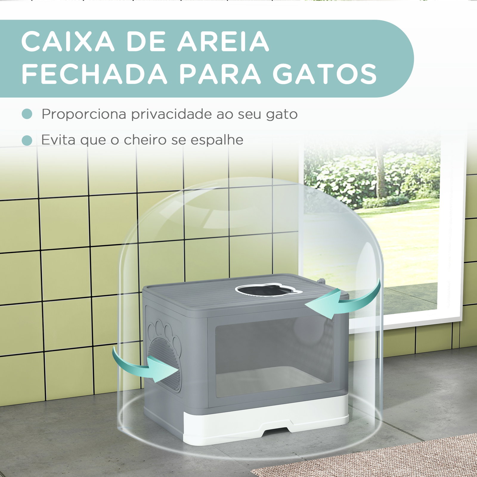 Caixa de areia para gatos amovível com pá escova 2 portas entrada principal e saída superior 48,5x38x36,5 cm cinza