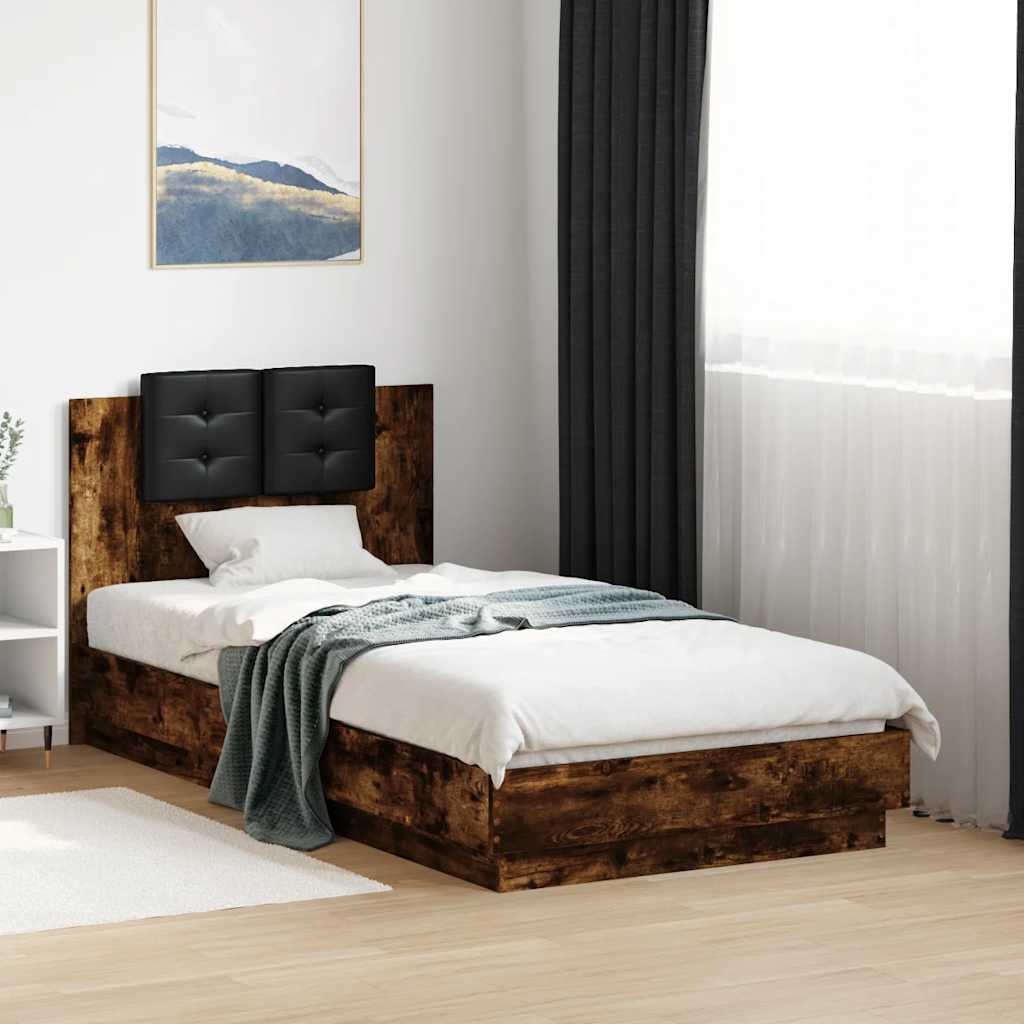 Estrutura cama c/ cabeceira/luzes LED 75x190 cm carvalho fumado