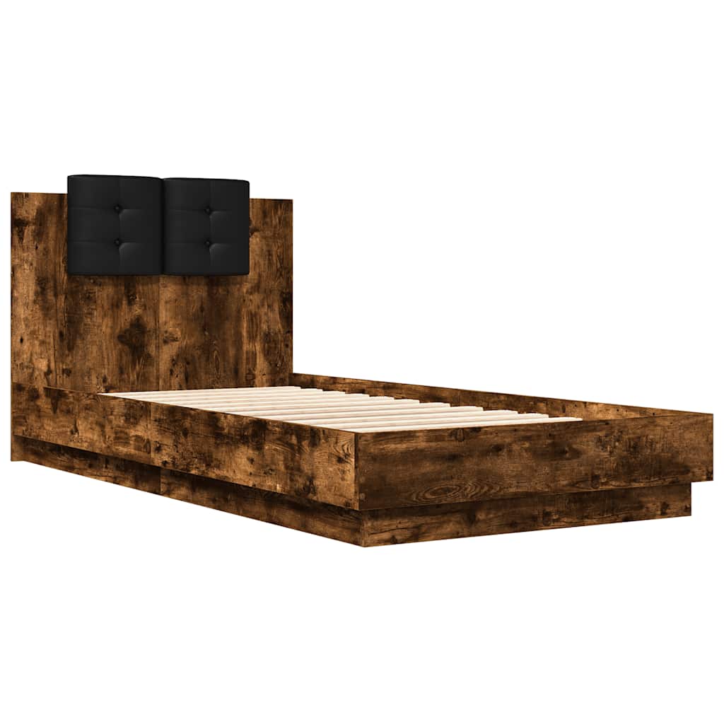 Estrutura cama c/ cabeceira/luzes LED 75x190 cm carvalho fumado