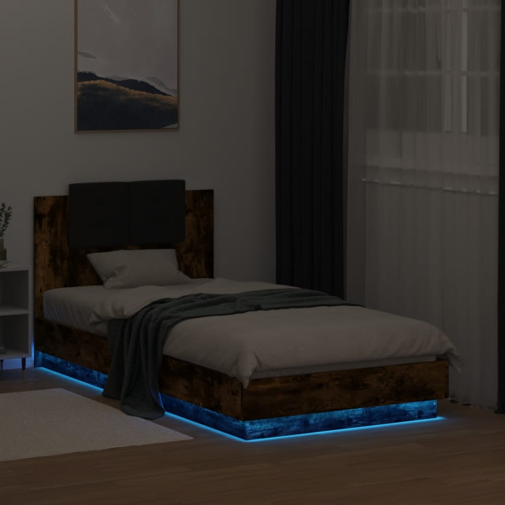 Estrutura cama c/ cabeceira/luzes LED 75x190 cm carvalho fumado