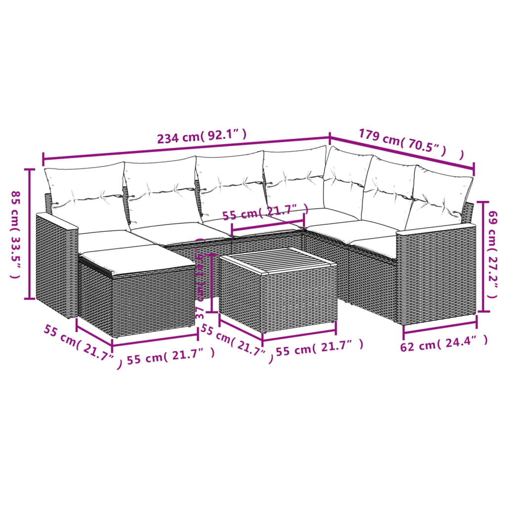8 Pcs conjunto sofás de jardim com almofadões vime PE preto
