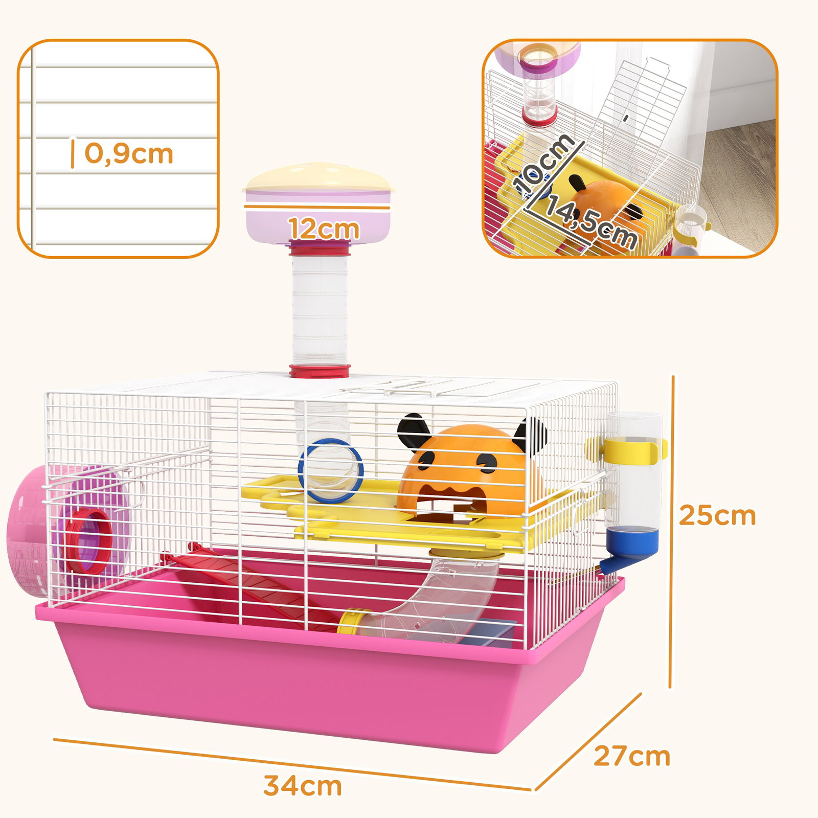 Gaiola para hamsters com comedouro bebedouro roda de exercício torre de observação e casinha 34x27x25 cm multicolor
