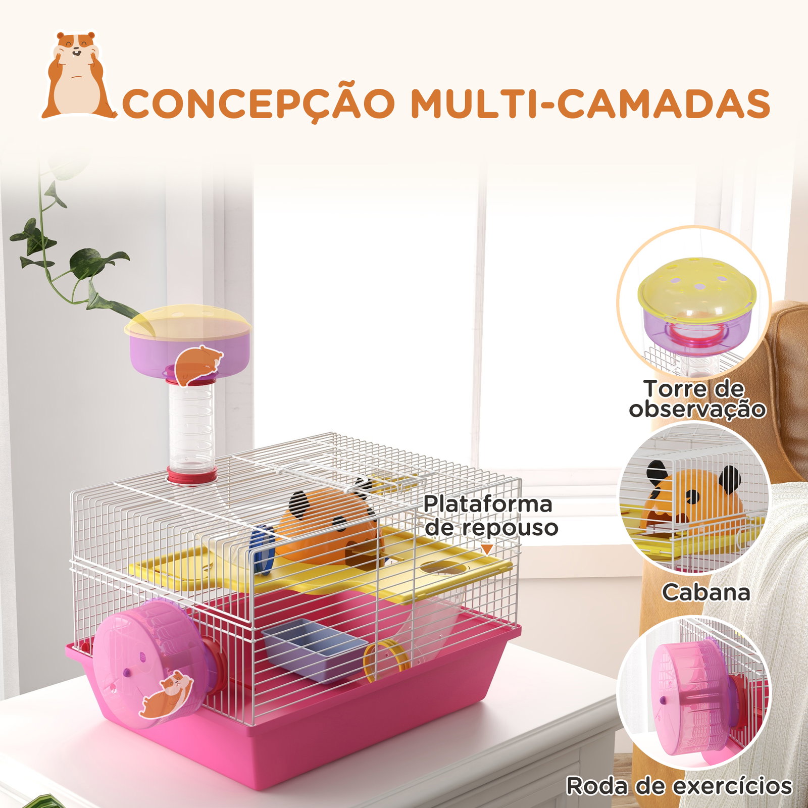 Gaiola para hamsters com comedouro bebedouro roda de exercício torre de observação e casinha 34x27x25 cm multicolor