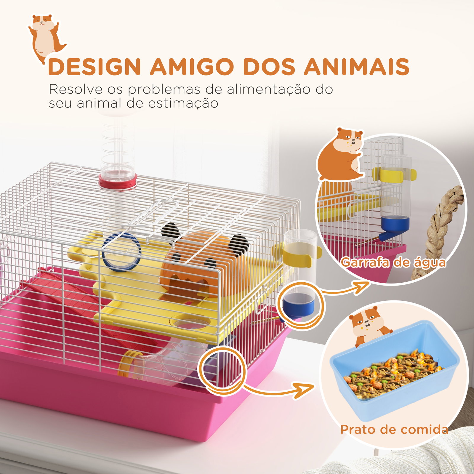 Gaiola para hamsters com comedouro bebedouro roda de exercício torre de observação e casinha 34x27x25 cm multicolor