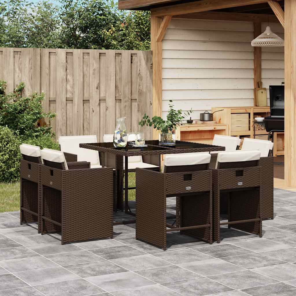 9 Pcs conjunto jantar p/ jardim c/ almofadões vime PE castanho