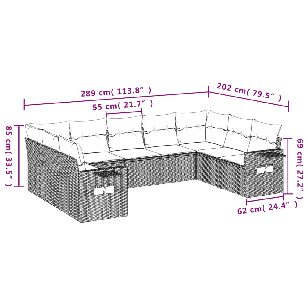 9 Pcs conj. sofás jardim com almofadões vime PE cinzento-claro