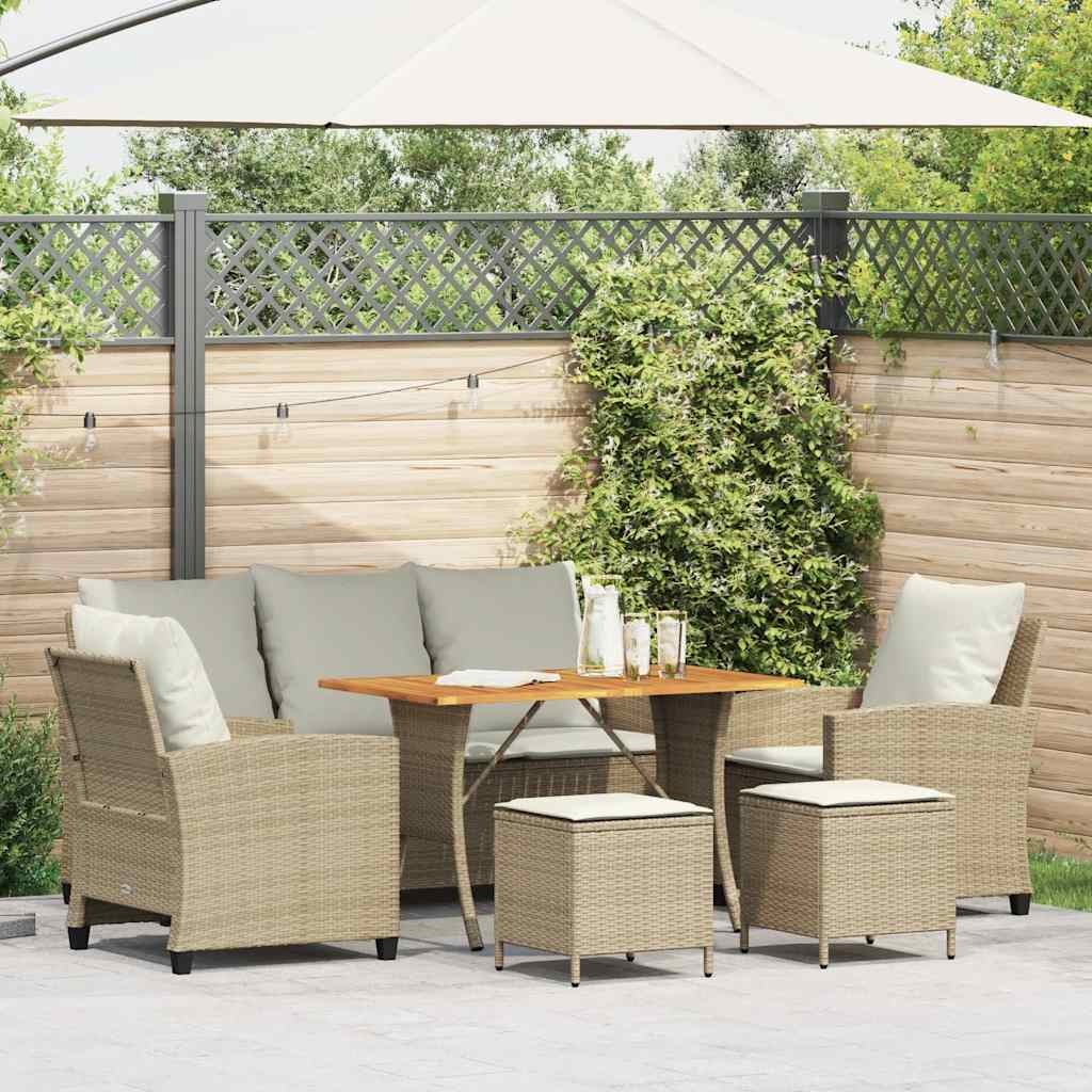 6 Pcs conjunto de sofás p/ jardim com almofadões vime PE bege