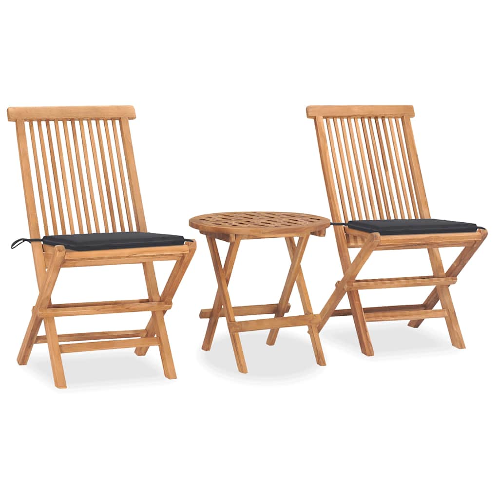 3 Pcs conj. jantar dobrável exterior c/ almofadão teca maciça