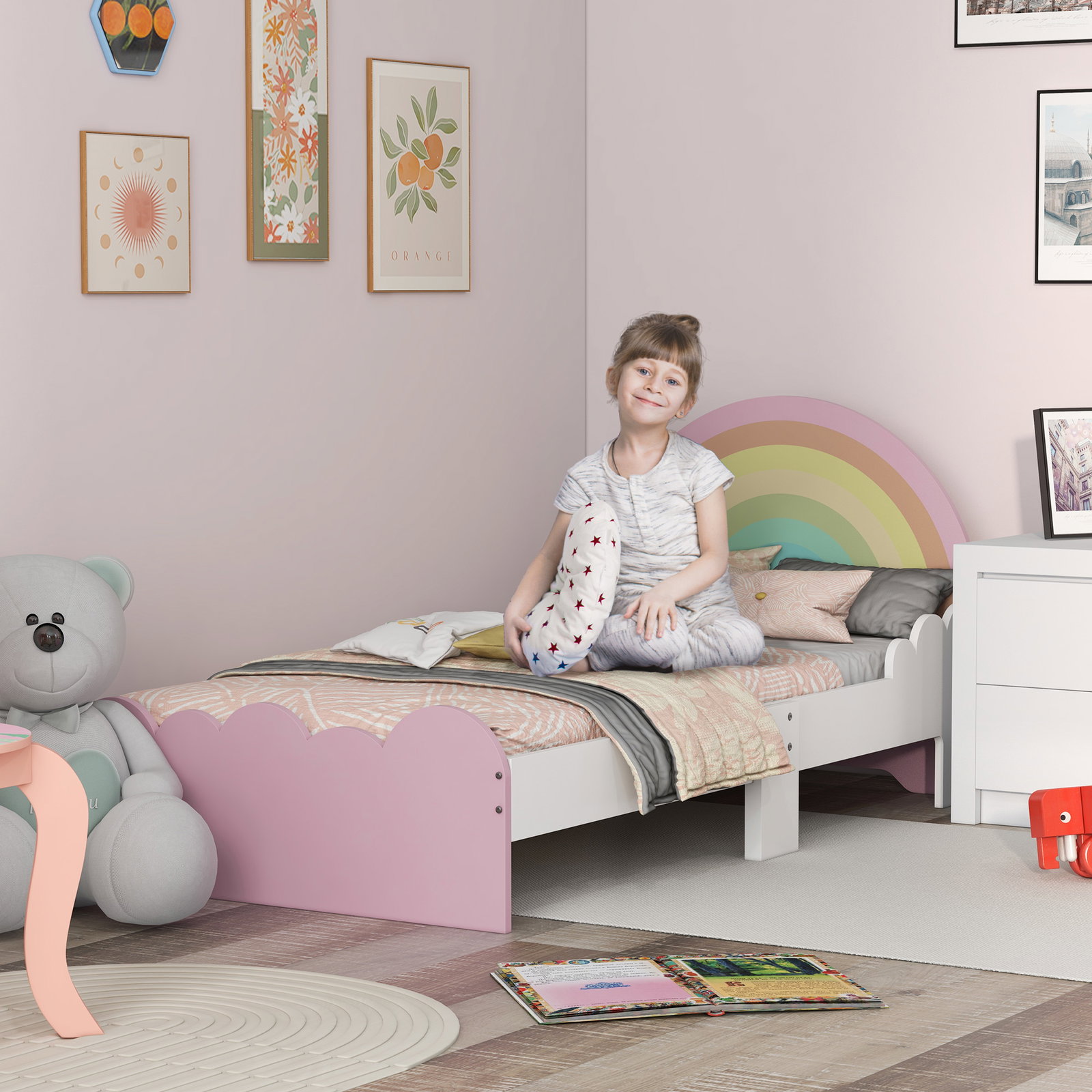 Cama para crianças de 3-6 anos 143x74x66 cm cama infantil de madeira em forma de arco íris rosa