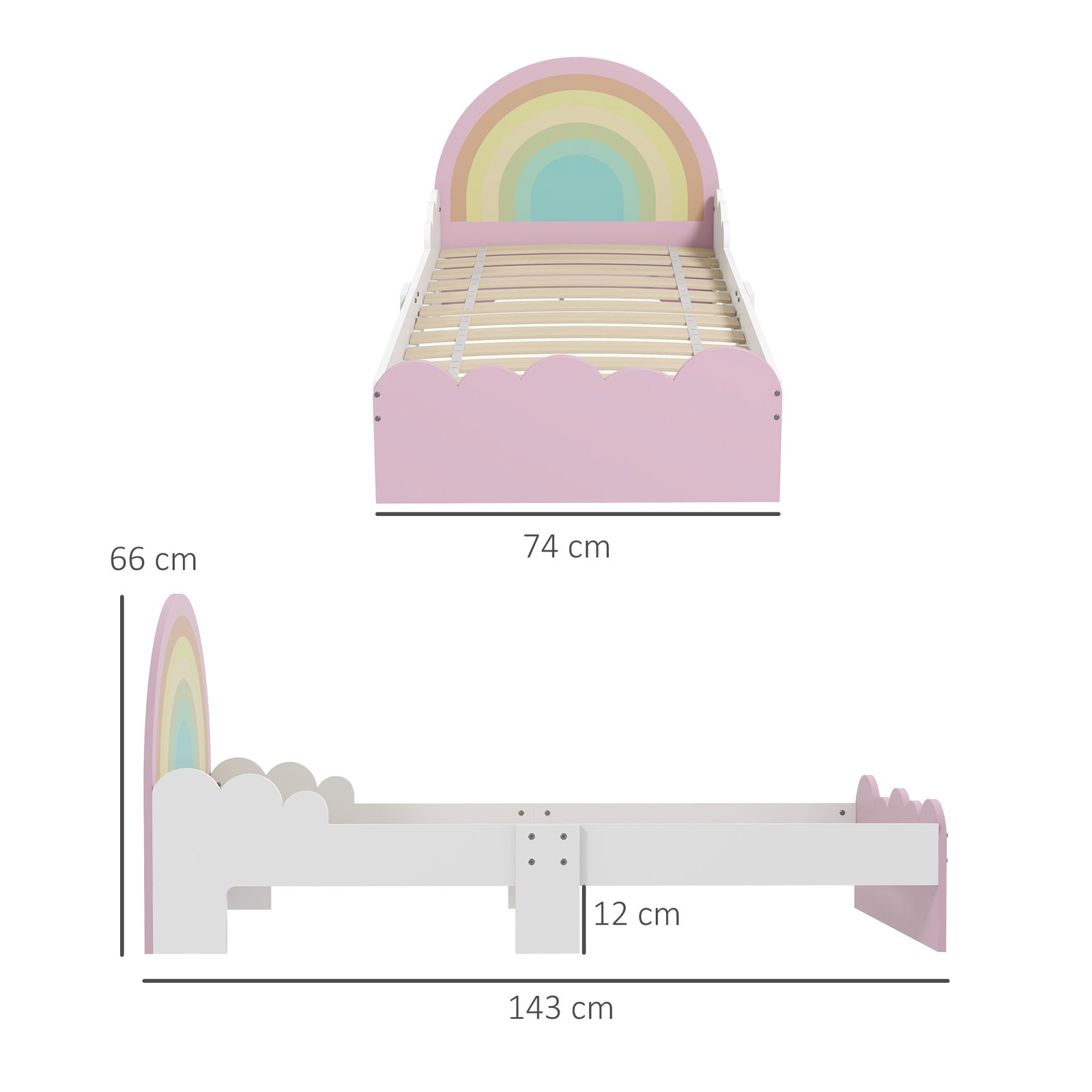 Cama para crianças de 3-6 anos 143x74x66 cm cama infantil de madeira em forma de arco íris rosa