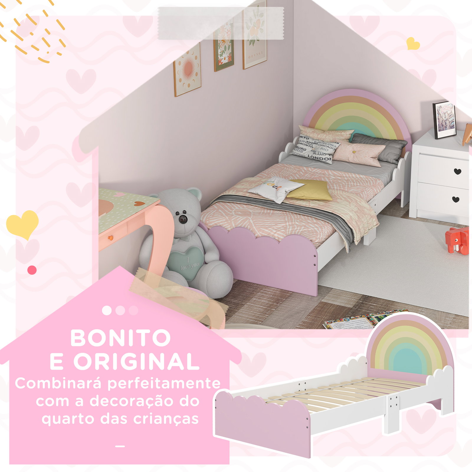 Cama para crianças de 3-6 anos 143x74x66 cm cama infantil de madeira em forma de arco íris rosa