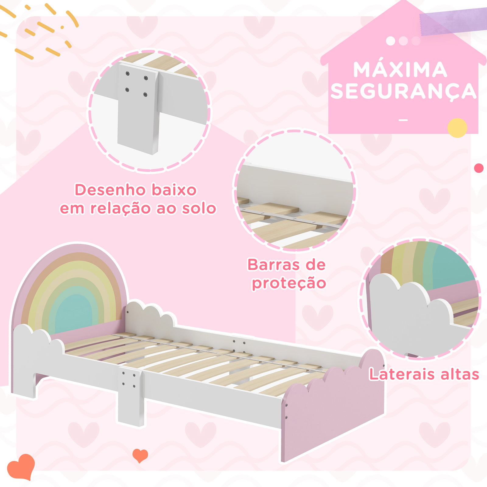 Cama para crianças de 3-6 anos 143x74x66 cm cama infantil de madeira em forma de arco íris rosa