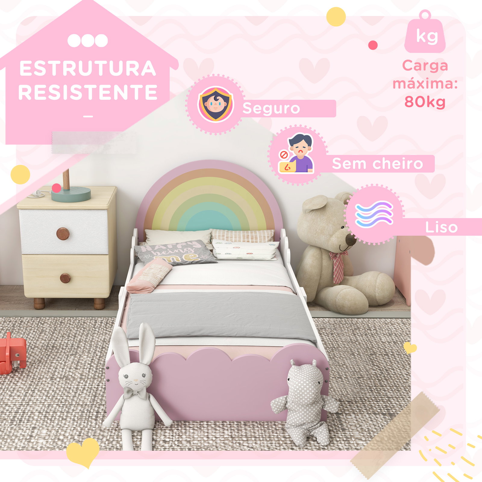Cama para crianças de 3-6 anos 143x74x66 cm cama infantil de madeira em forma de arco íris rosa