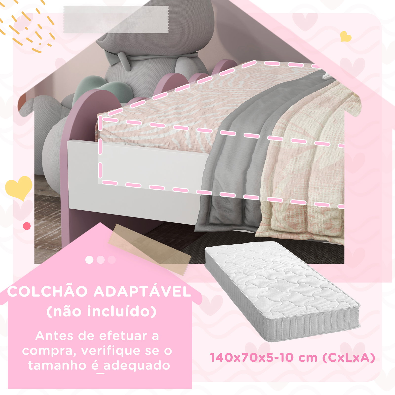 Cama para crianças de 3-6 anos 143x74x66 cm cama infantil de madeira em forma de arco íris rosa