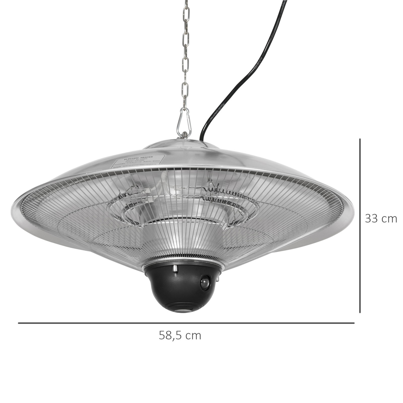 Aquecedor de jardim elétrico 1010w/1200w infravermelho com controlo remoto 2 níveis de calor proteção IP44 ø58,5x33cm prata