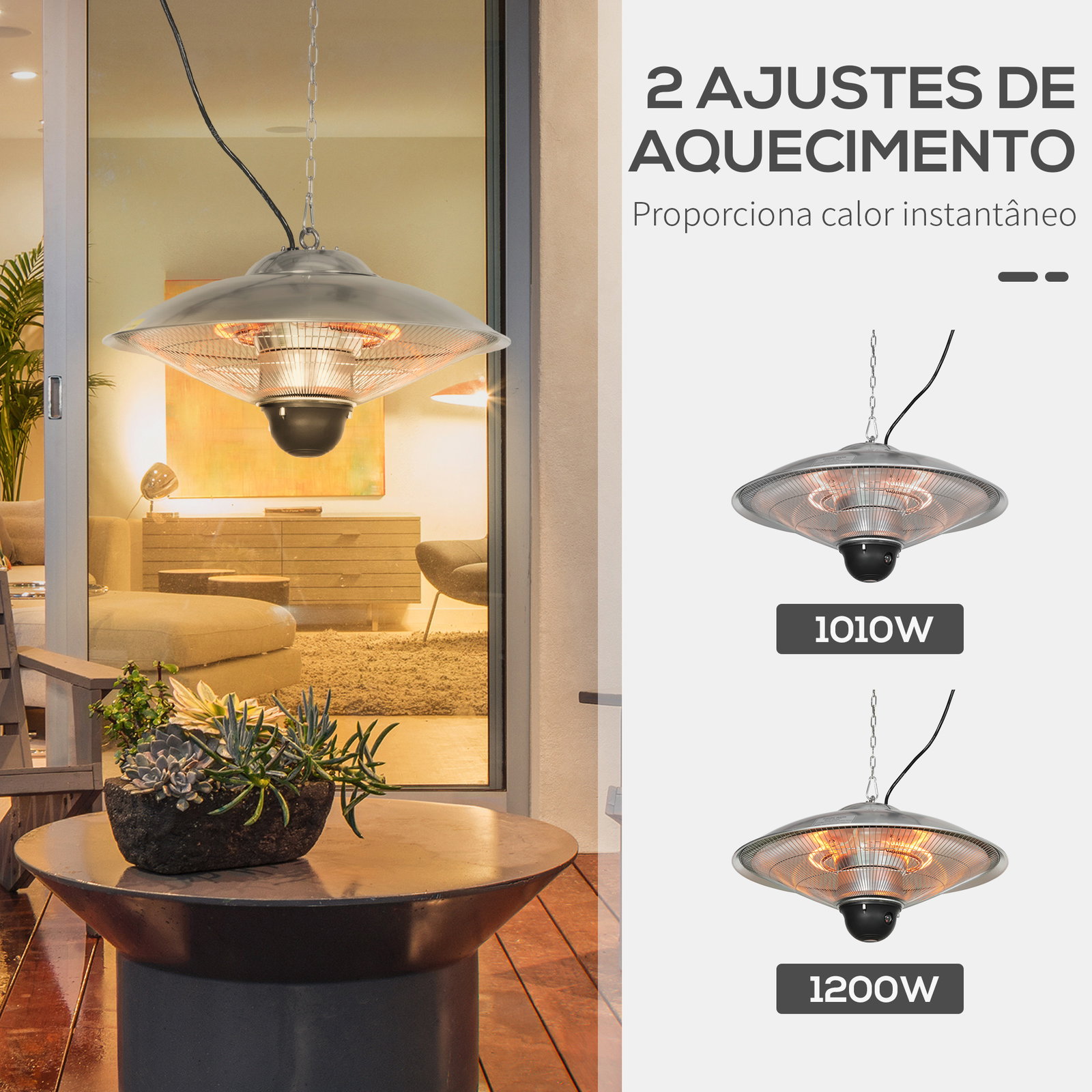 Aquecedor de jardim elétrico 1010w/1200w infravermelho com controlo remoto 2 níveis de calor proteção IP44 ø58,5x33cm prata