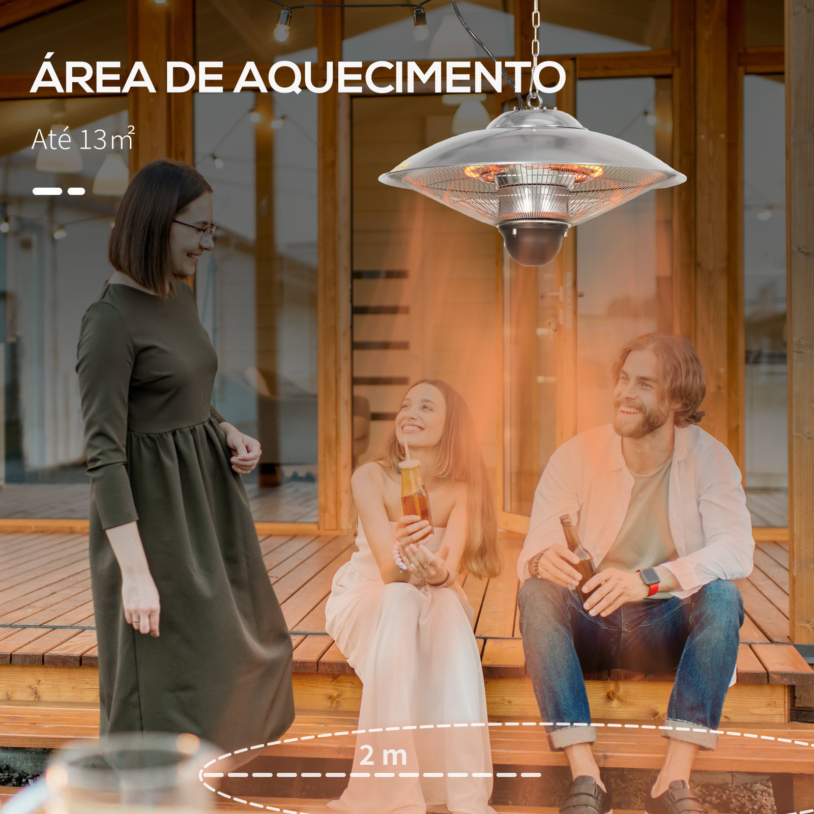 Aquecedor de jardim elétrico 1010w/1200w infravermelho com controlo remoto 2 níveis de calor proteção IP44 ø58,5x33cm prata