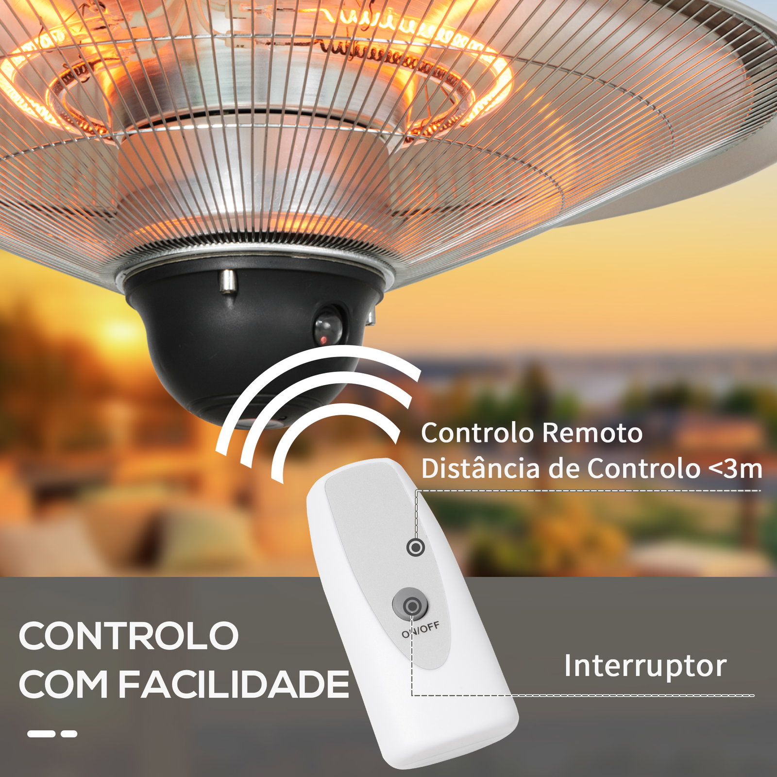 Aquecedor de jardim elétrico 1010w/1200w infravermelho com controlo remoto 2 níveis de calor proteção IP44 ø58,5x33cm prata