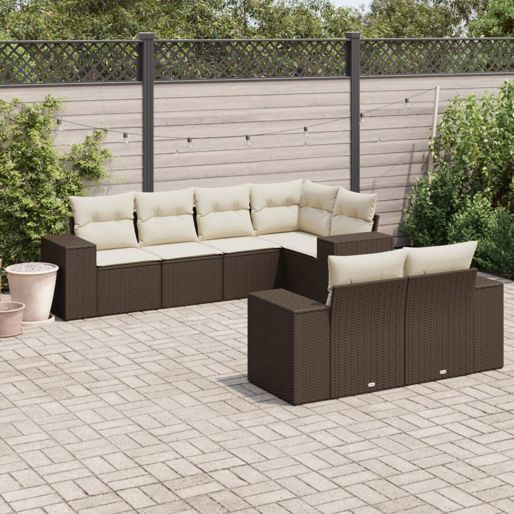 7 Pcs conjunto de sofás jardim c/ almofadões vime PE castanho
