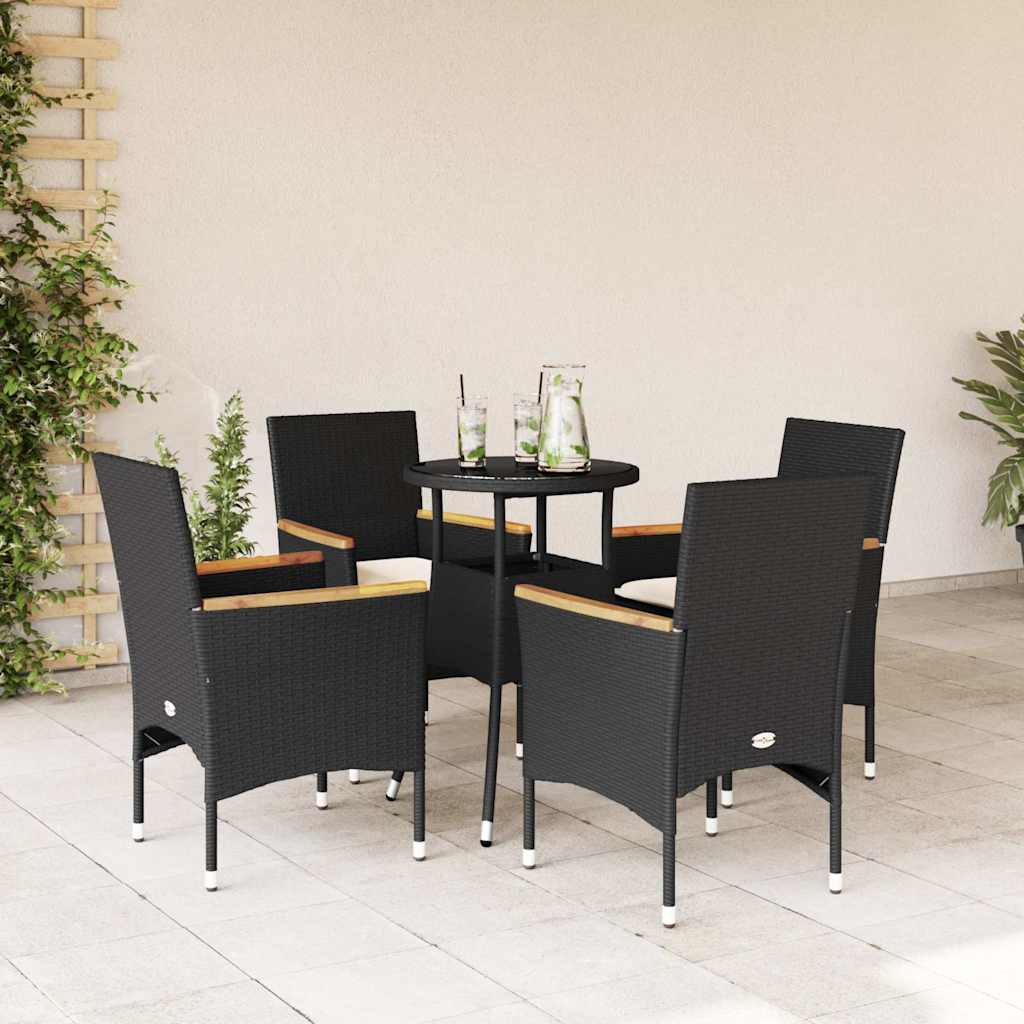 5 Pcs conjunto jantar jardim c/ almofadões vime PE/vidro preto