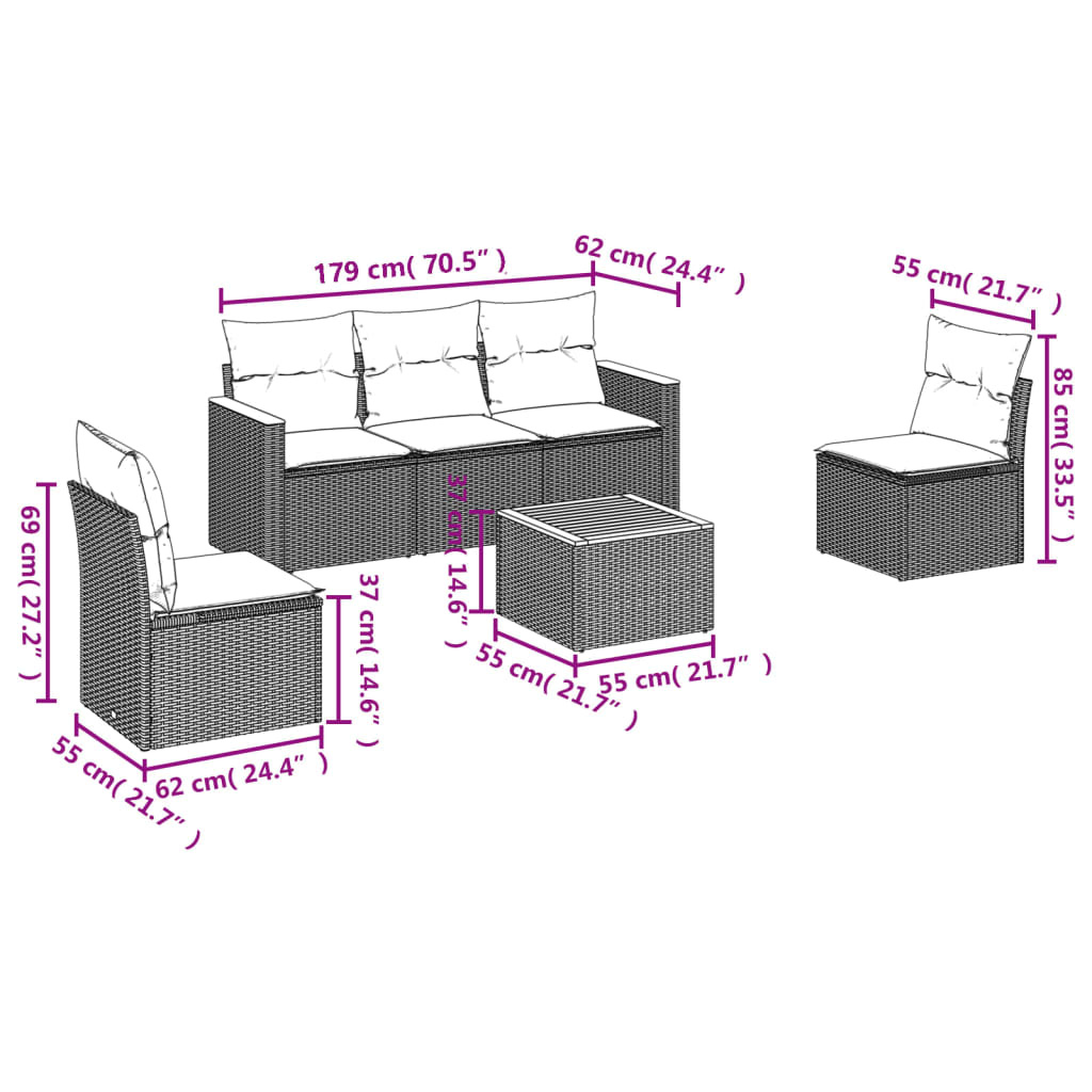 6 Pcs conjunto sofás de jardim c/ almofadões vime PE preto