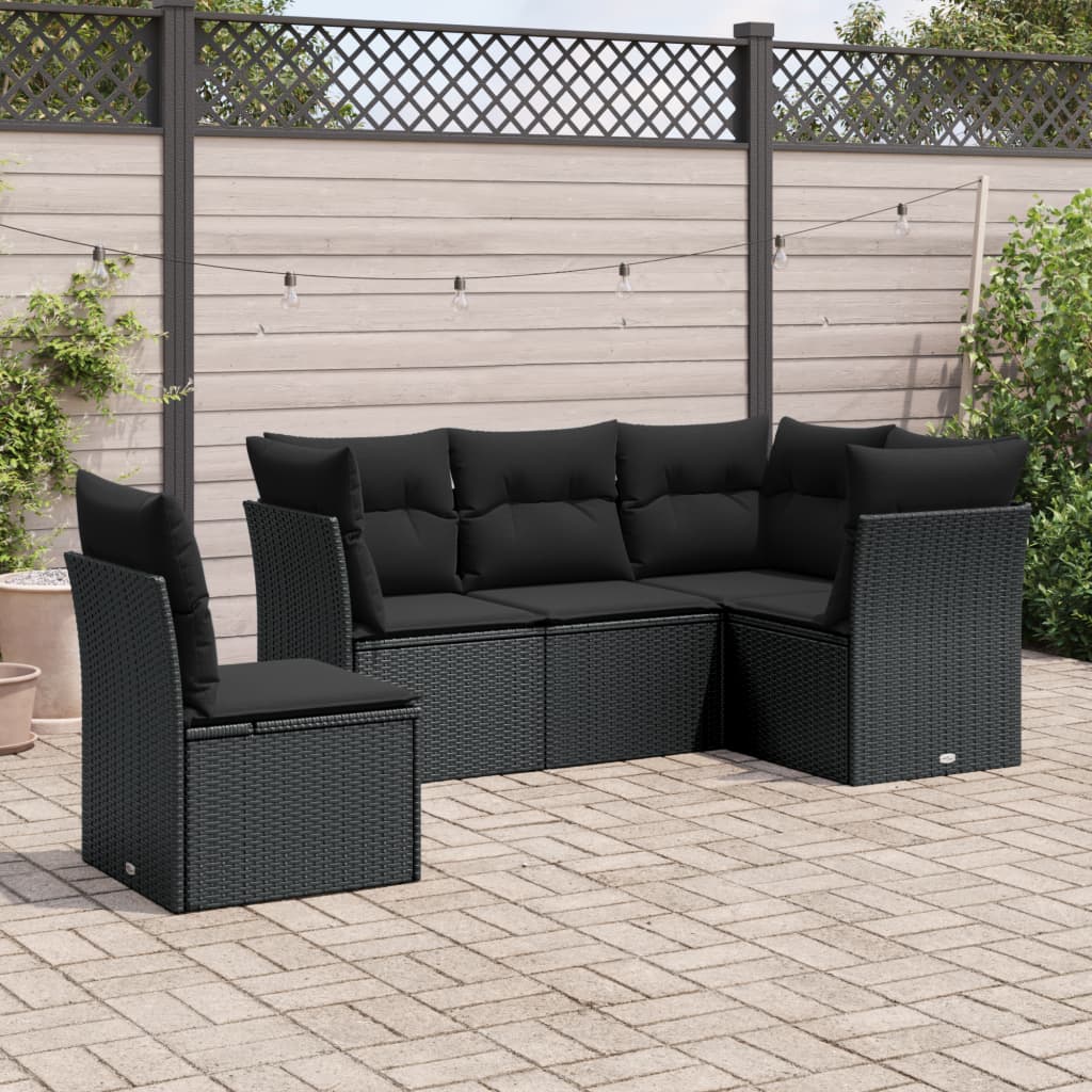 5 Pcs conjunto sofás de jardim com almofadões vime PE preto