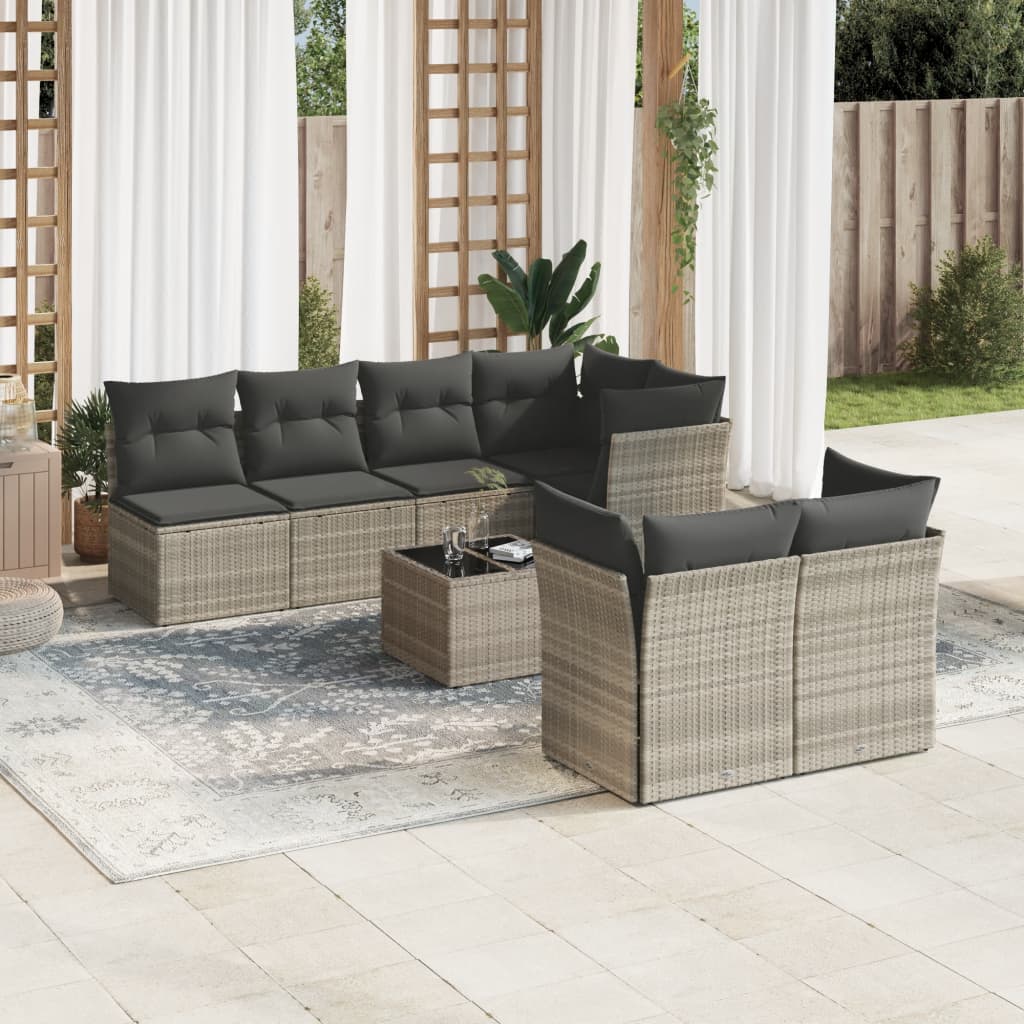 8 Pcs conj. sofás jardim c/ almofadões vime PE cinzento-claro