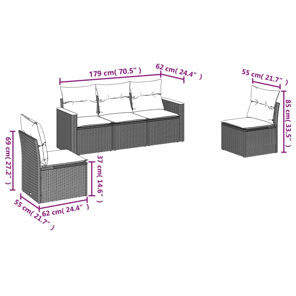 5 Pcs conjunto sofás de jardim c/ almofadões vime PE cinzento