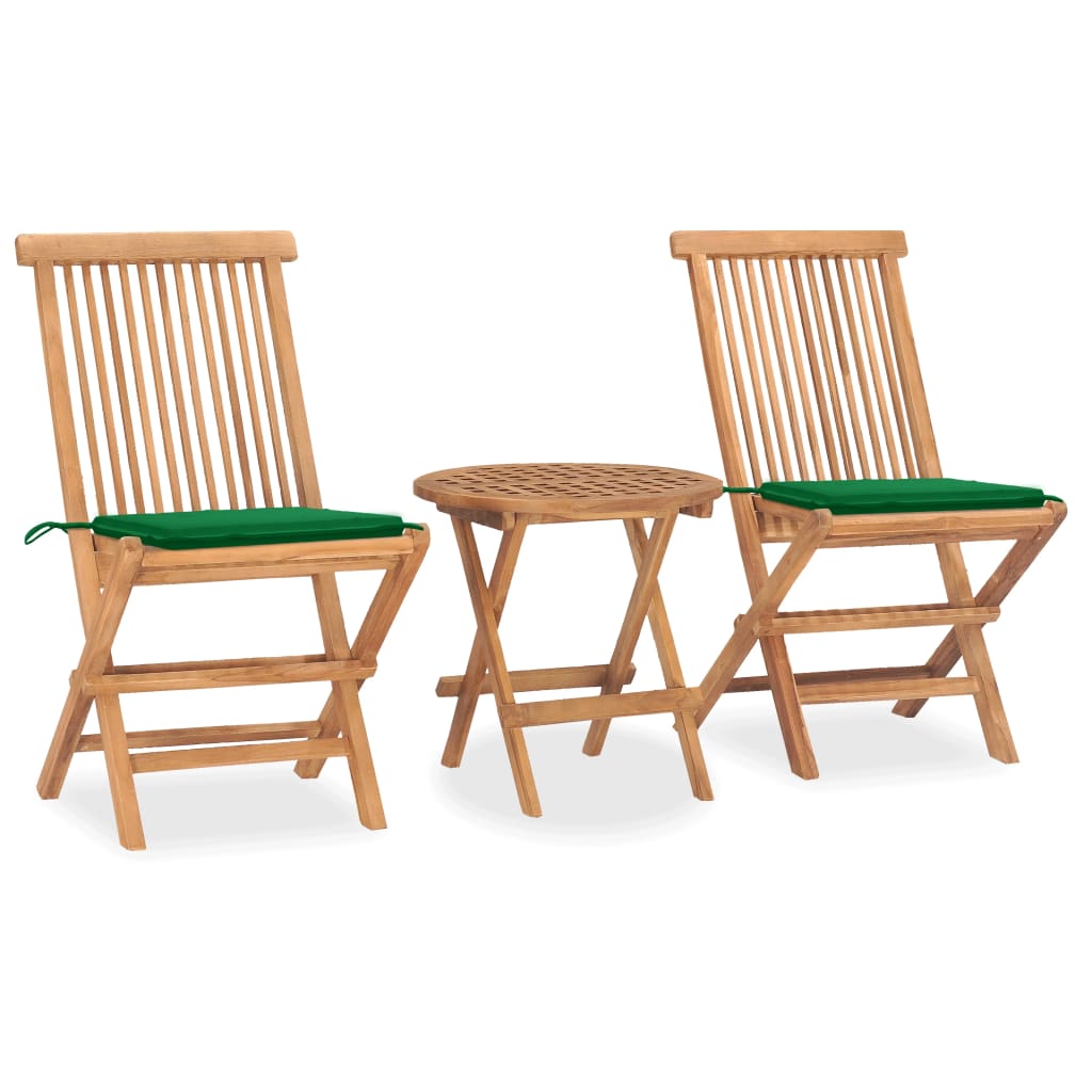 3 Pcs conj. jantar dobrável exterior c/ almofadão teca maciça