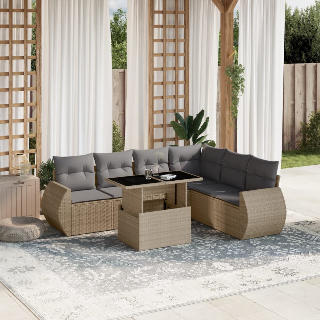 7 Pcs conjunto de sofás p/ jardim com almofadões vime PE bege