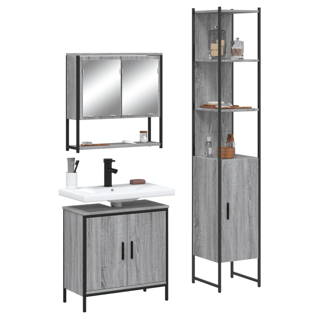 3 Pcs conjunto móveis casa de banho madeira proc. cinza sonoma