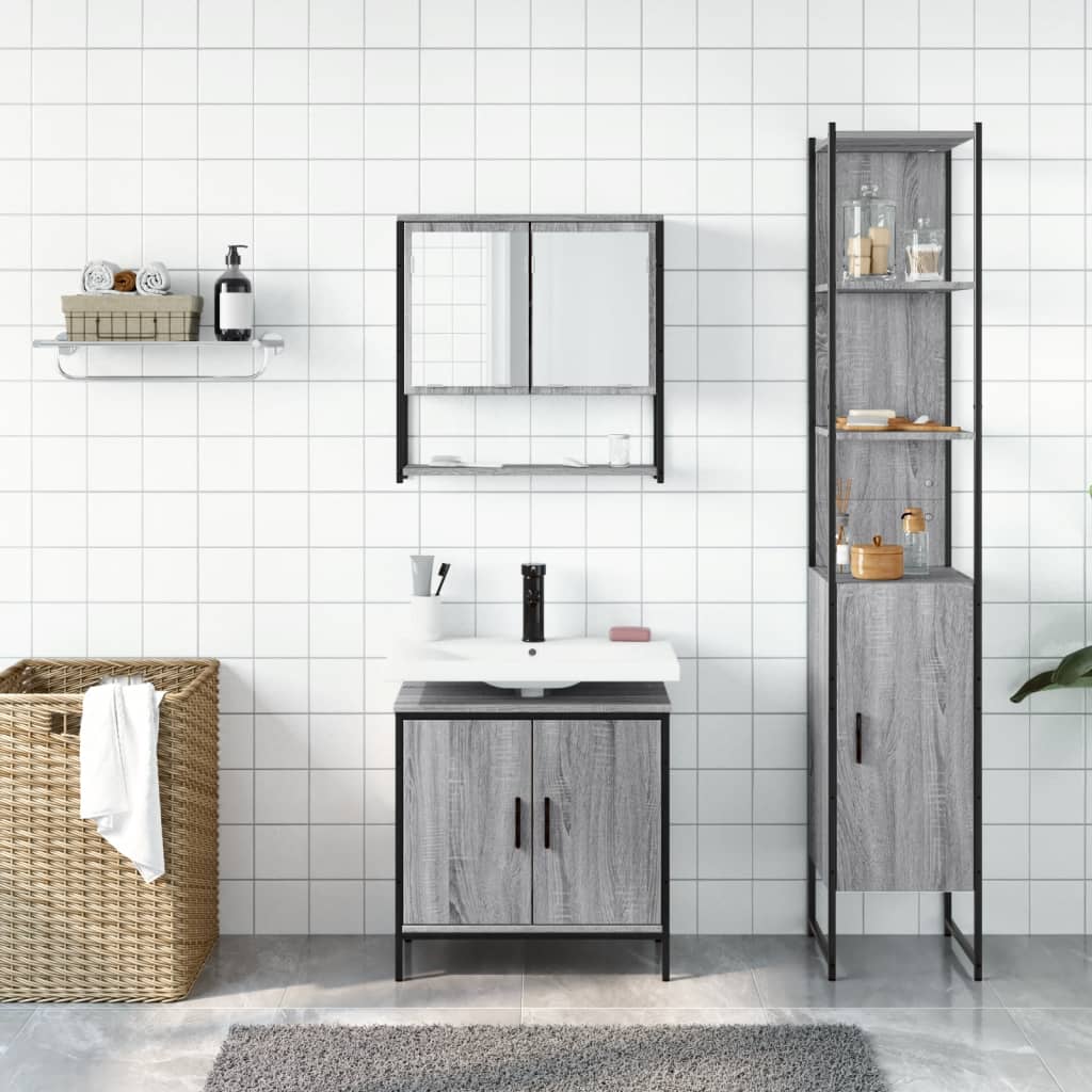 3 Pcs conjunto móveis casa de banho madeira proc. cinza sonoma